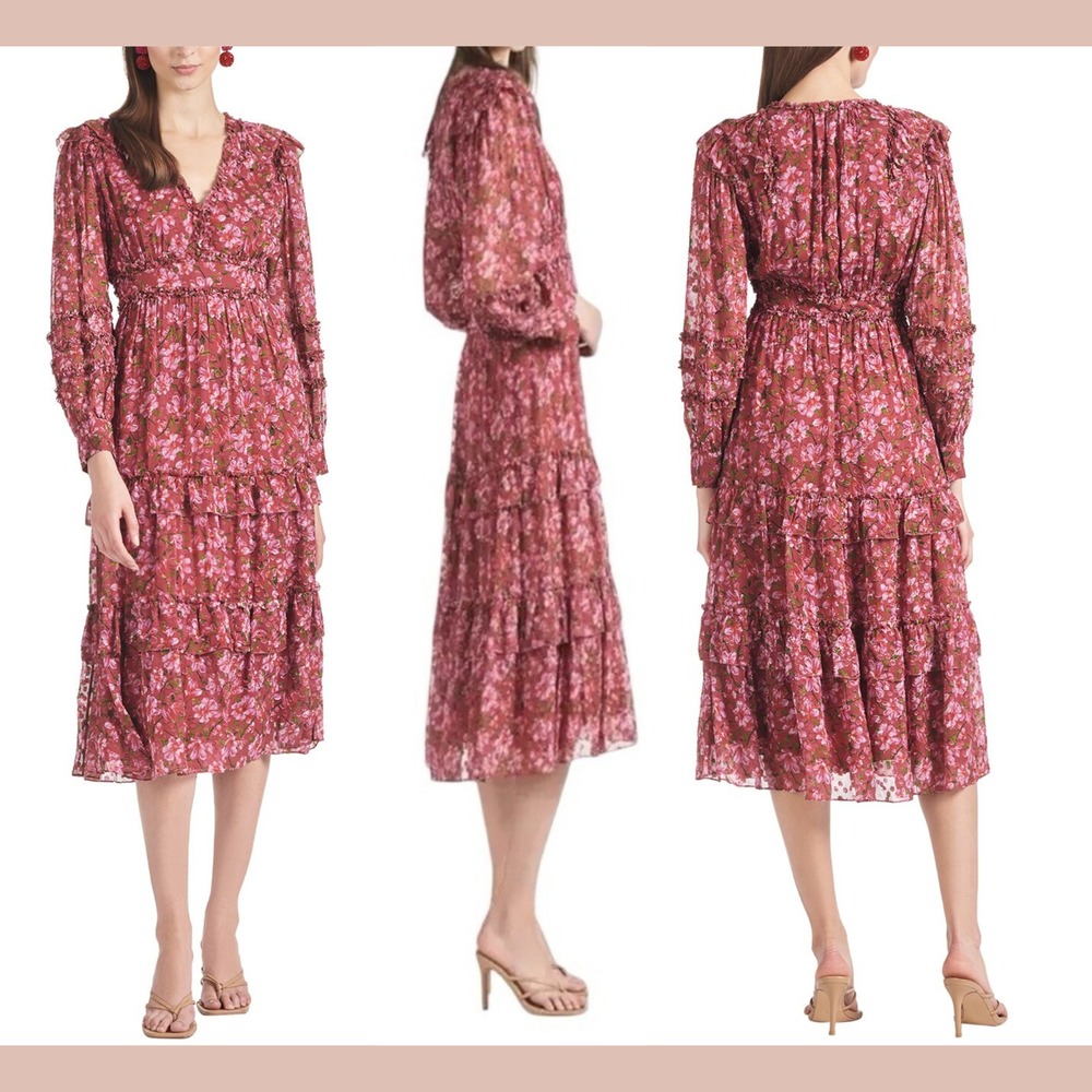 NWT $395 Sachin & Babi [ 6 ] Ronnie Bloom Floral Long Sleeve‎ Midi Dress #6913